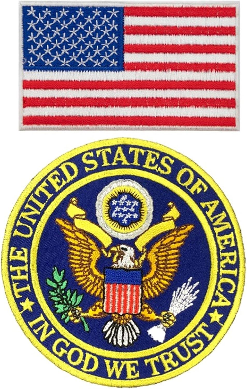 A-ONE 2 PCS Pack- The Great Seal of America+USA Flag Applique, America Souvenir, Patriotic Patch, Tactical Army Badge, Iron on Sew on Embroidery Patch, USA Flag Patch, Suit on Jeans and Shirts NO.326C