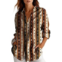 Womens Long Sleeve Button Down Shirt V Neck Collared Blouse Artistic Print Casual Top with Pockets