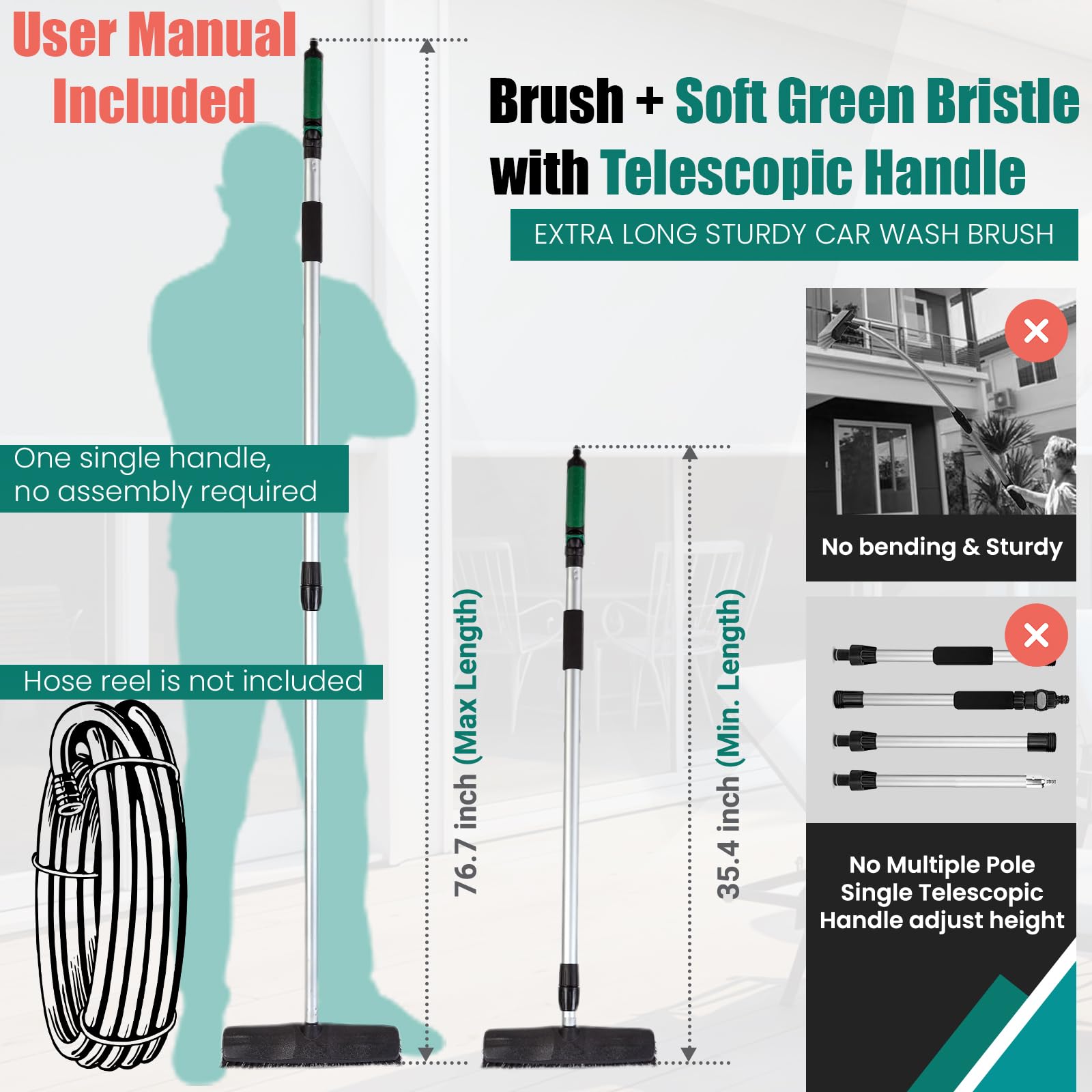 Outdoor-Wasserschiebe-Besen, grüne Borsten für weiche Reinigung, Autowäsche, Solarpanel, schwarz, für harte Böden, saubere Teleskopstange von 89,9 cm bis 194,8 cm, Wasserhahn anschließen