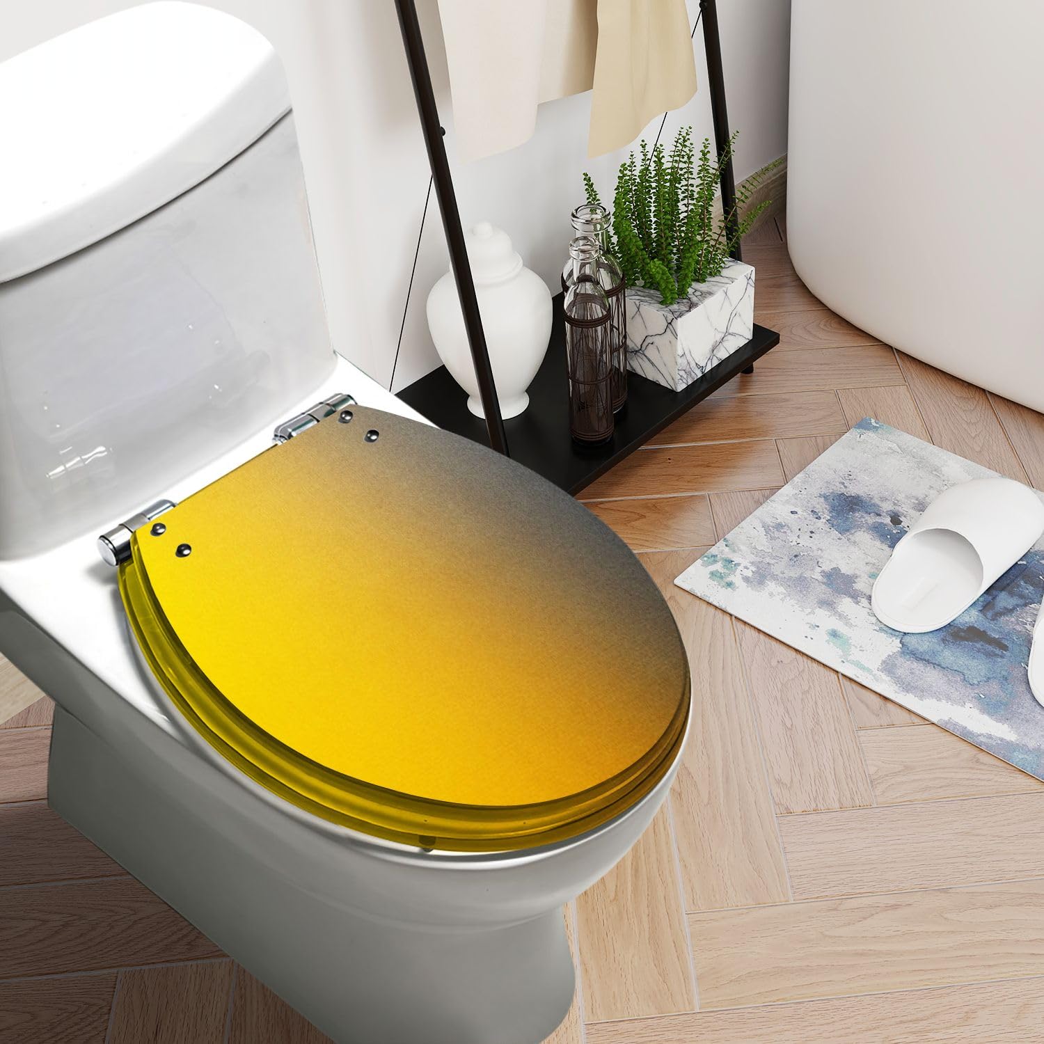 Round Toilet Seat Abstract yellow orange brown gray black Resin Toilet Seat Quietly Slow Close with Quick-Release Hinges Toilet Seat with Cover Easy to Clean Install