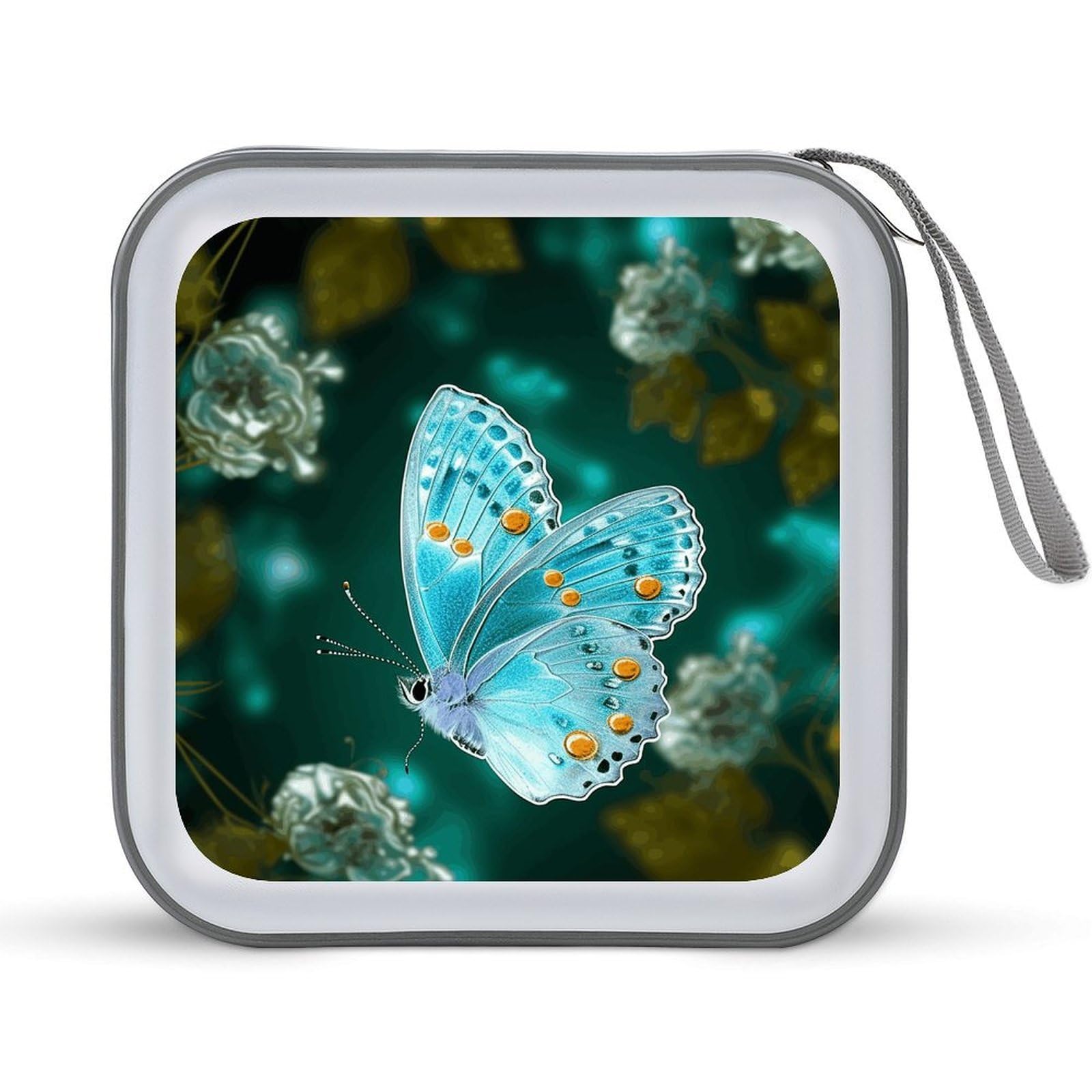 VstaDank - Light Blue Butterfly Design CD Case, 40 Capacity, with Zipper Disc Storage Organizer, Portable CD Organizer, Hard Plastic Storage