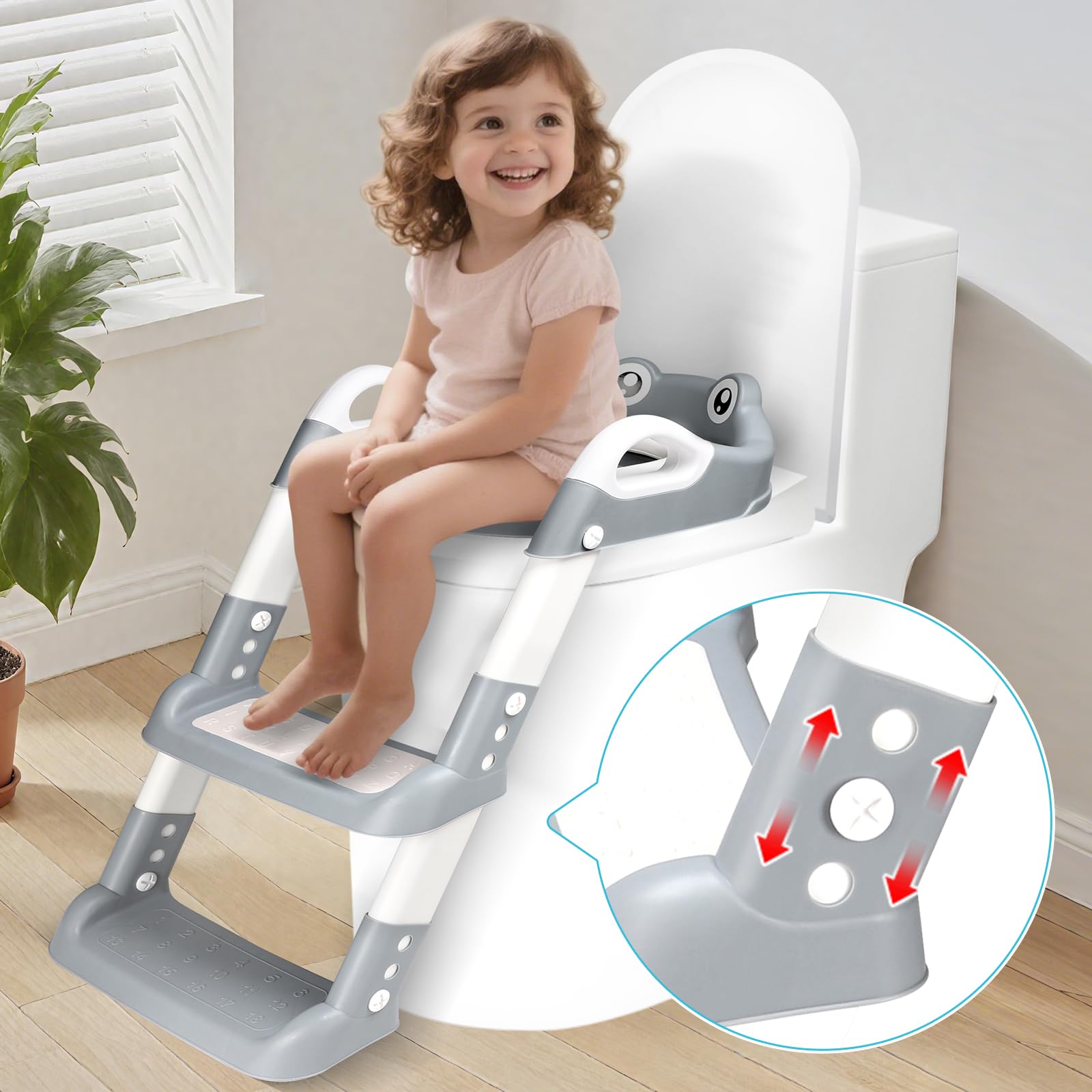 Reducteur Toilette Enfant, Réducteur WC avec Marches, Rehausseur Toilette Enfant avec Coussin PU, Hauteur Réglable et Pliable, Antidérapant, Adaptateur Toilette pour Garçons et Filles (Blanc, Gris)