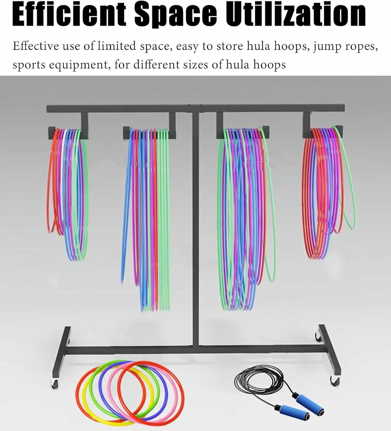Large Exercise Hula Hoop Stand Holder for Differet Sized, Heavy Duty Sports Equipment Organizer Cart, Portable Jump Rope Storage Rack for Adult Child