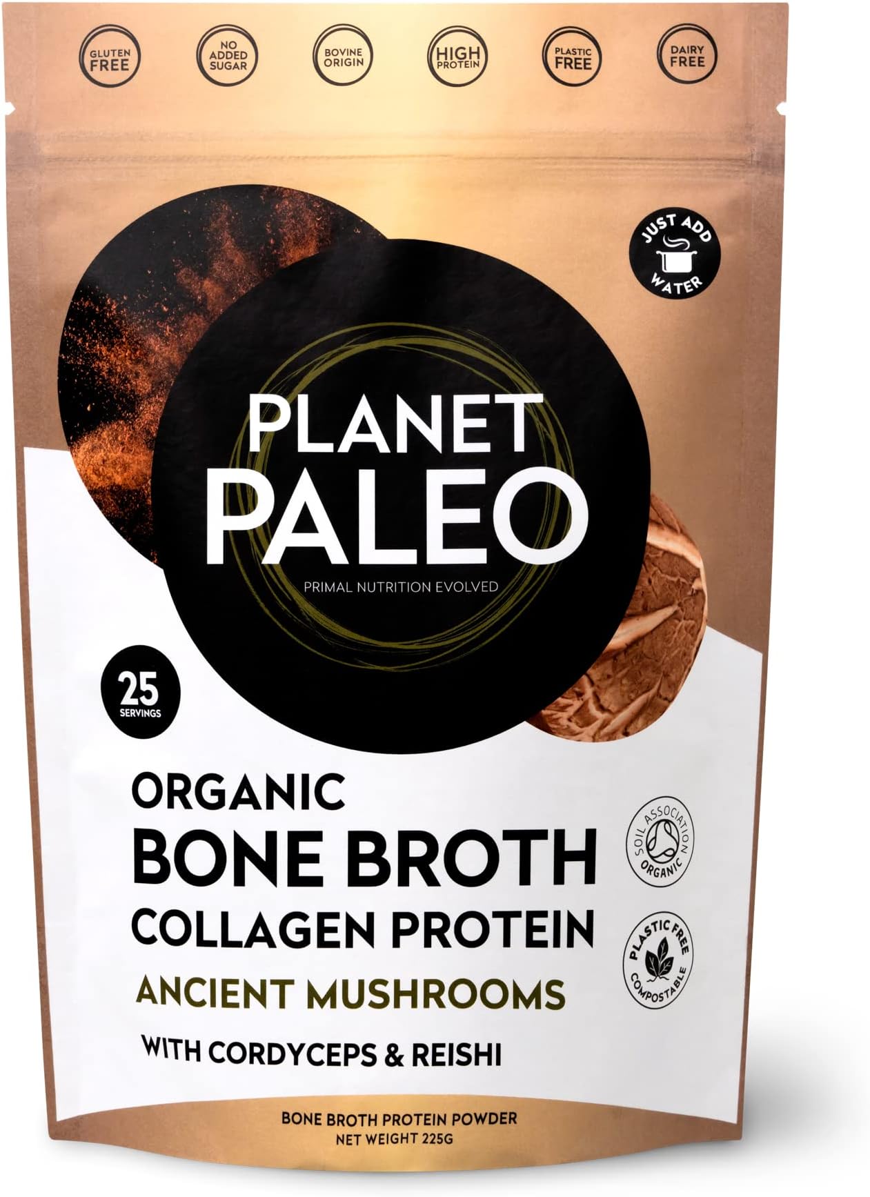 Organic Bone Broth - Ancient Mushrooms (225g, 25 Servings) - Organic, Grass Fed, High Protein, with Reishi, Lion's Mane and Shiitake - Adaptogens for Healthy Defences