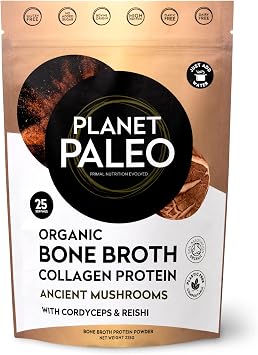Planet Paleo Organic Bone Broth - Ancient Mushrooms 225g, 25 Servings - Organic, Grass Fed, High Protein, with Reishi, Lion's Mane and Shiitake - Adaptogens for Healthy Defences