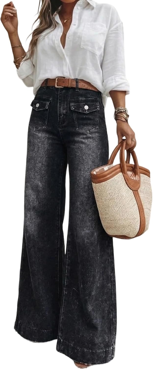 Women's High Waisted Wide Leg Jeans with Retro Patch Pockets Stretchy 70s Vintage Loose Denim Pants for Summer Vacation