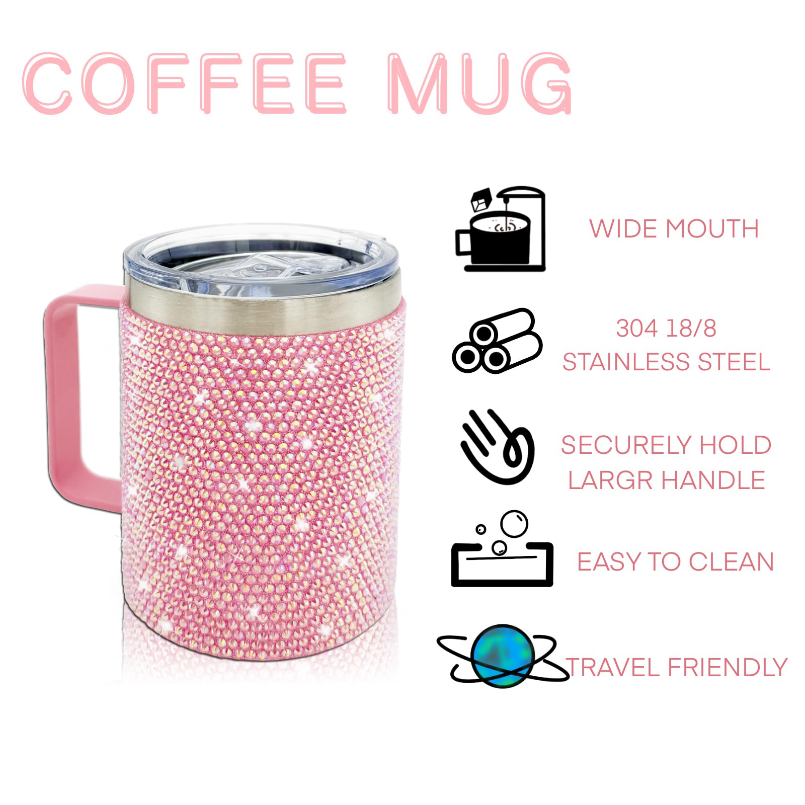 Taza de café de viaje de 12 onzas con asa y tapa, taza de café aislada con diamantes de imitación, de acero inoxidable, reutilizable, con purpurina, taza térmica para el hogar y la oficina