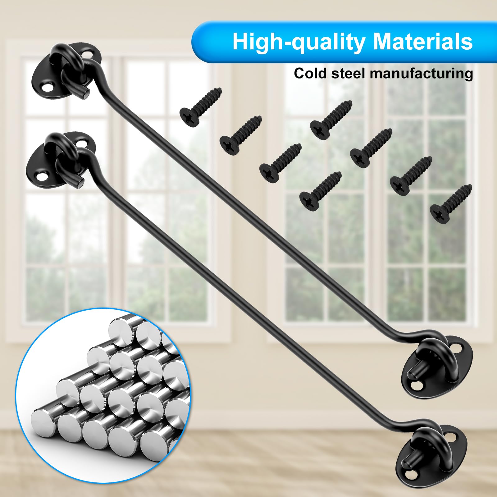 2 Pack Hook and Eye Latch Black 250mm(10") Cabin Hooks and Eye Metal Door Hook Latch Heavy Duty Cabinet Latches for Door Gate Window Closet Shed - Image 4