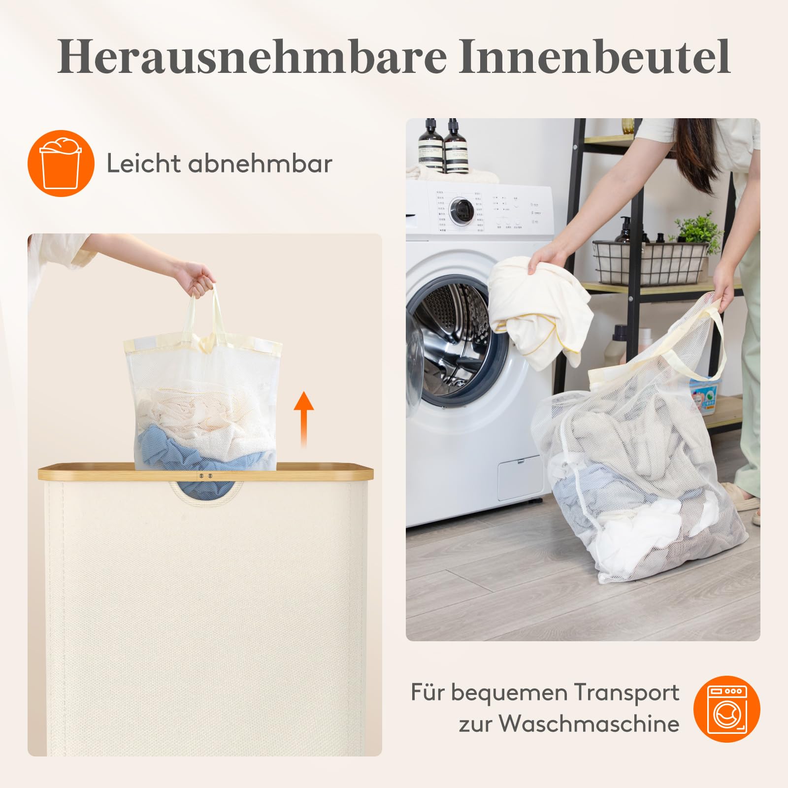 Lifewit 170L Wäschekorb mit 3 Fächern und Deckel, Beige