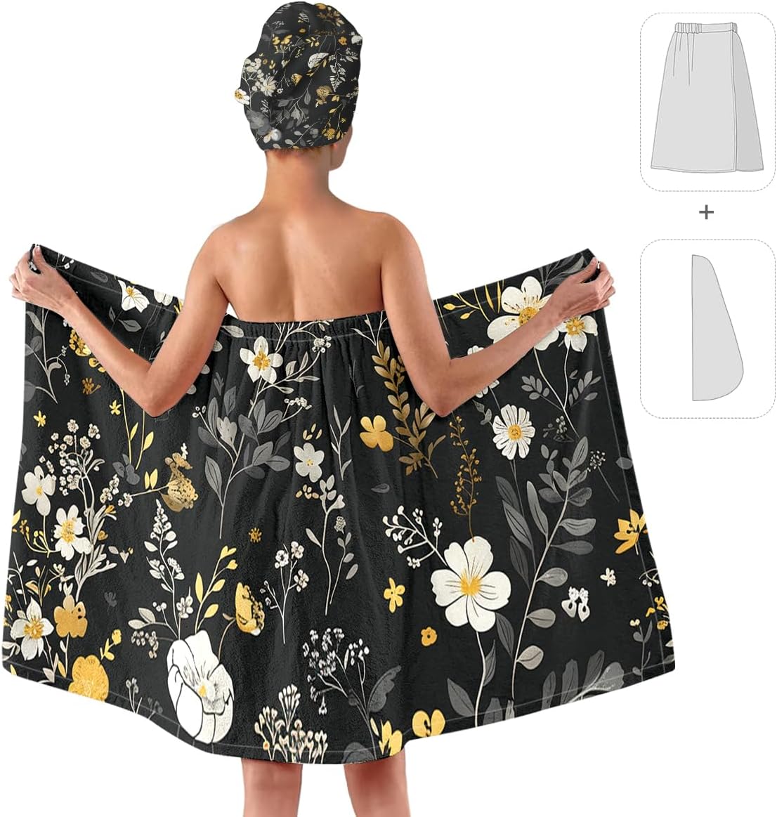 YWMAN Floral Bath Wrap Set with Hair Turban, Black Microfiber Shower Spa Towel, Women's Bathrobe with Matching Head Wrap, Soft Ultrafine Fiber