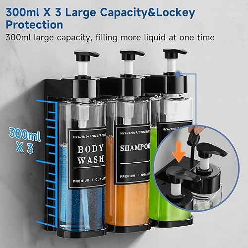 Miniatura 5 de Dispensador de champú y acondicionador, dispensador de ducha Unisense de 3 cámaras, sin taladro, dispensador de champú para montaje en la pared con