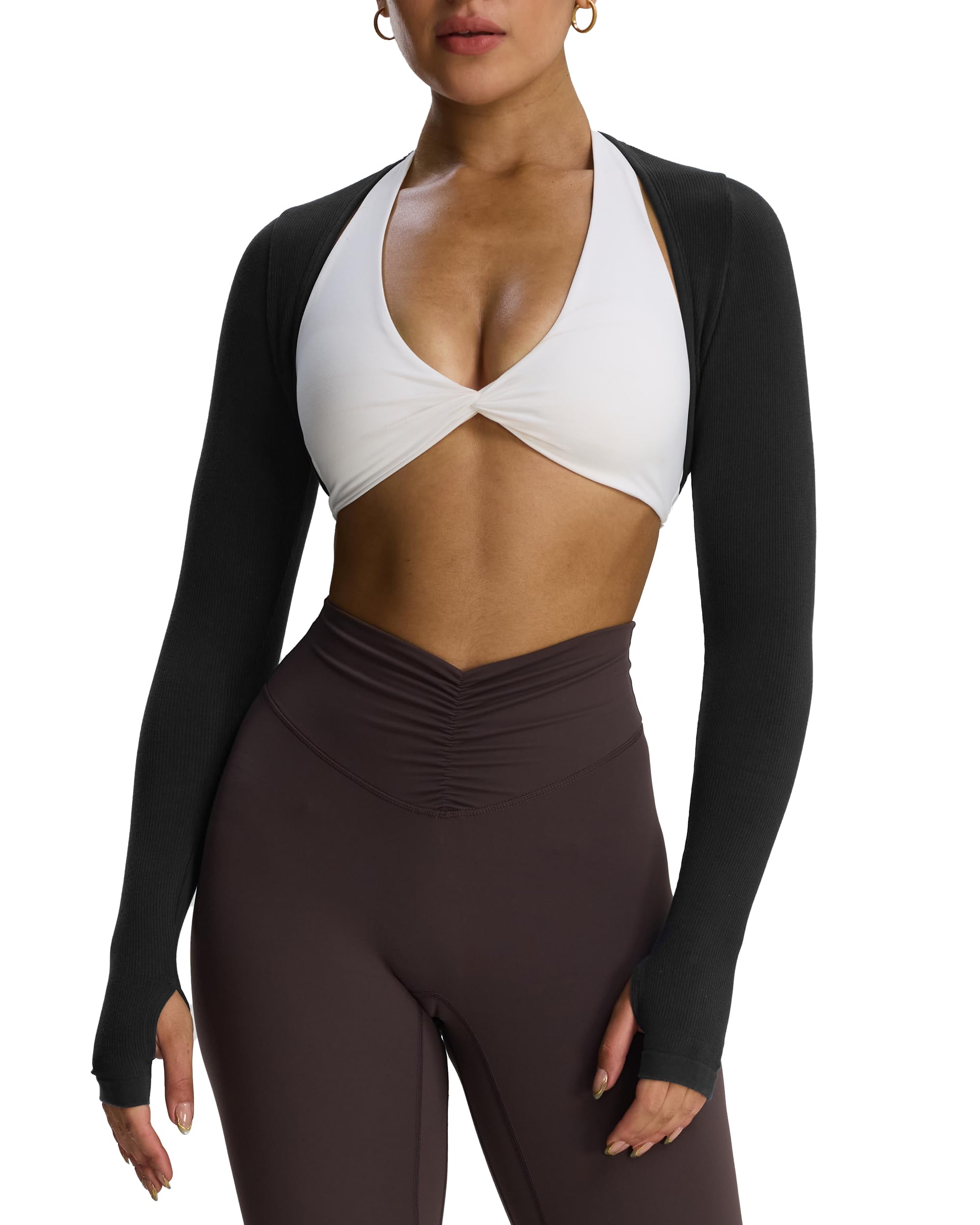 Aoxjox Women's Long Sleeve Open Front Seamless Shrug Thumb Hole Crop Top Workout Cardigan