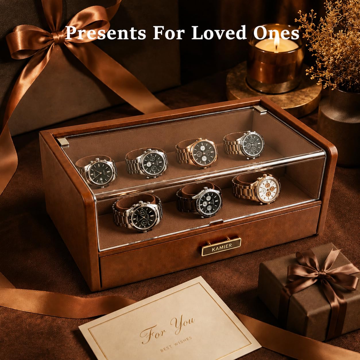 KAMIER Boîte à Montres à 7 Emplacements, Vitrine à Montres en Cuir PU | Avec Couvercle en Verre & Tiroir, Doublure Intérieure en Velours Doux, Rangement Premium pour Montres, Lunettes et Bijoux