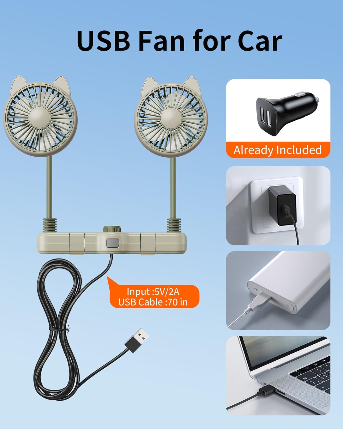 USB Fan for Car Back Seat Dual 360 Hose, 2026 Cute Car Fan for Backseat Kids Baby Rear Facing 5000RPM Quiet Powerful Wind, Universal Car Headrest Fan for SUV RV Pickup with 2 Hiden Hook