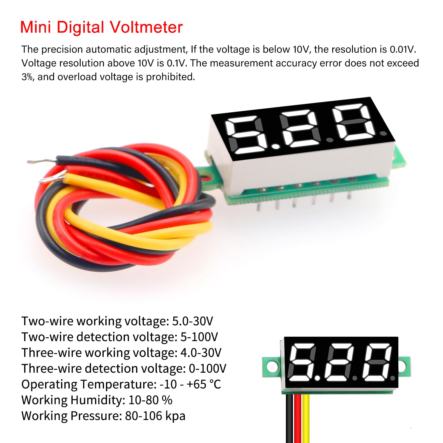 YIXISI Mini Voltmetro Digitale 0.28 Pollici 0-100V DC Tre Fili LED Display Bianco