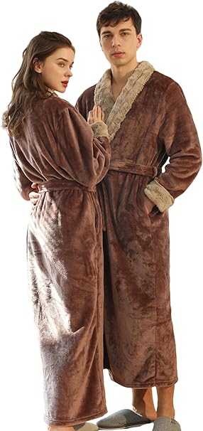 BERDITH Wollige Lange Badjas voor Dames en Heren - Grote Maten, Uniseks Set voor Paren, Ochtendjas Met Lange Riem - Bruin, L