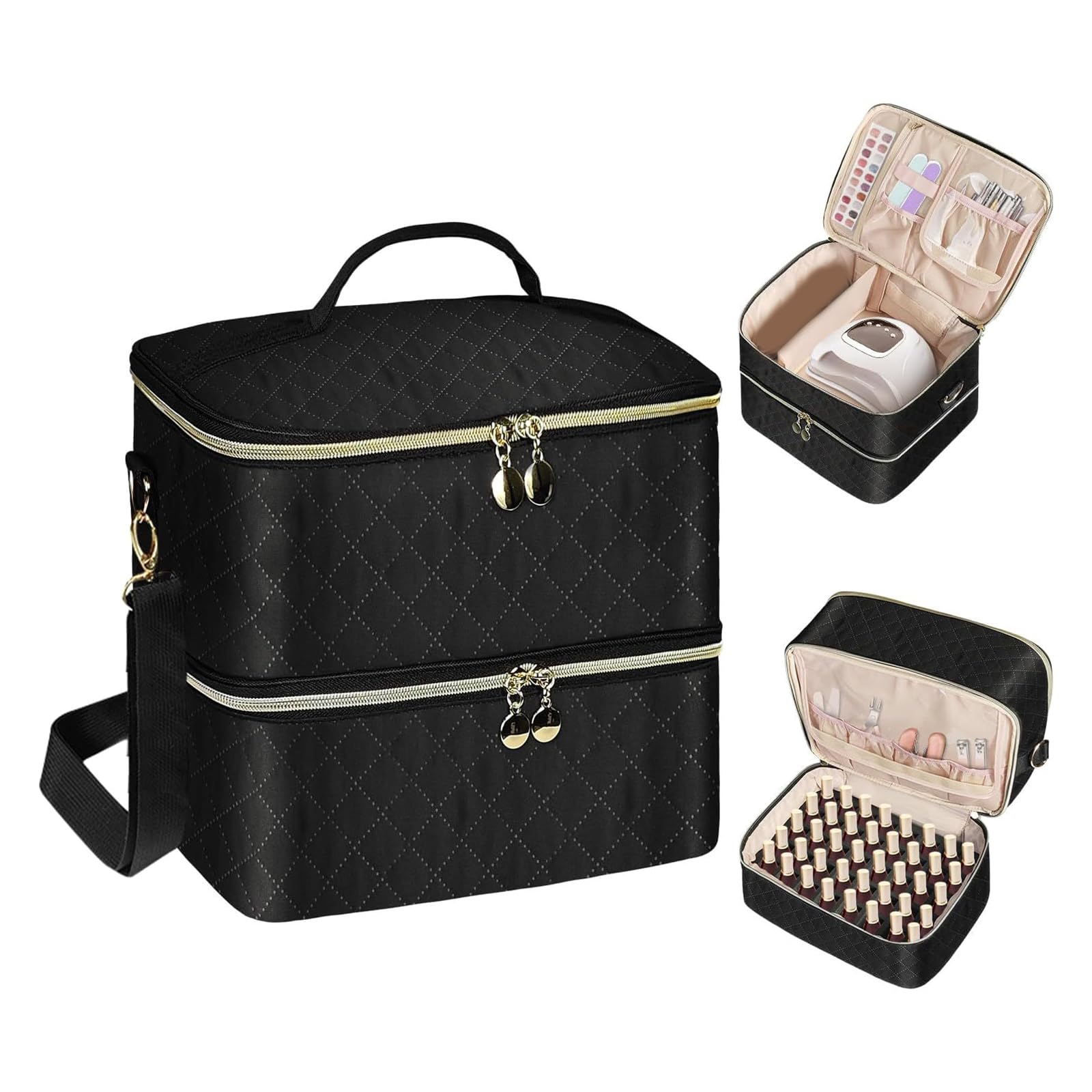 Quilted Art Travel Bag with Compartments, Water-Resistant Washable Adjustable Shoulder Strap & Vassoi Double Layer Polish Organizers Large Capacity Nails Art Tool Bag