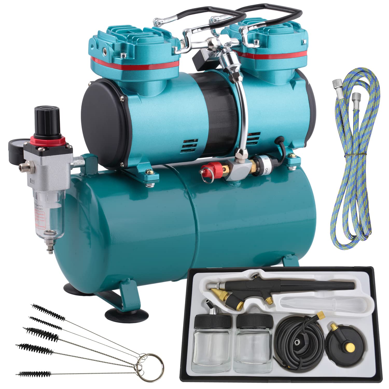 Airbrush Set Duo-Power II - Das Airbrush-Kit mit Doppel/Zweizylinder Airbrush-Kompressor Airbrush-Pistole Single-Action-Gun Airbrush-Schlauch Reinigungsbürsten