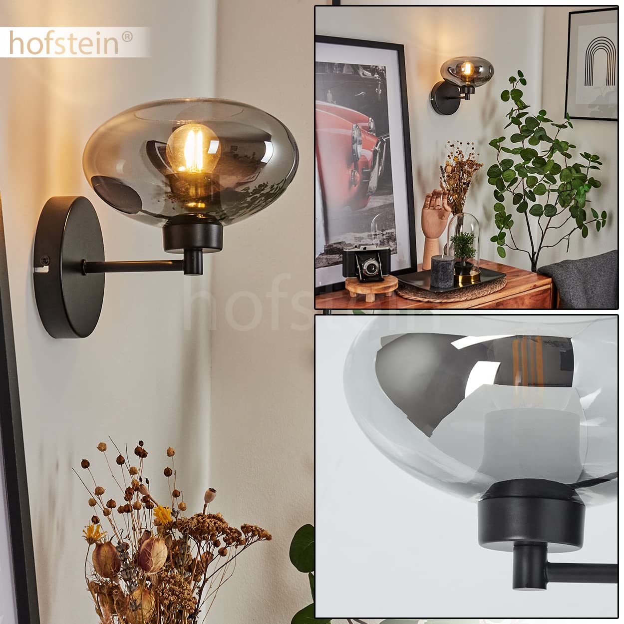 Wandleuchte Haikala, moderne Wandlampe aus Metall/Glas in Schwarz/Rauchfarben, Retro/Vintage Leuchte Up mit Schirm aus Rauchglas (Ø 18,5 cm), 1-flammig, 1 x E27, ohne Leuchtmittel