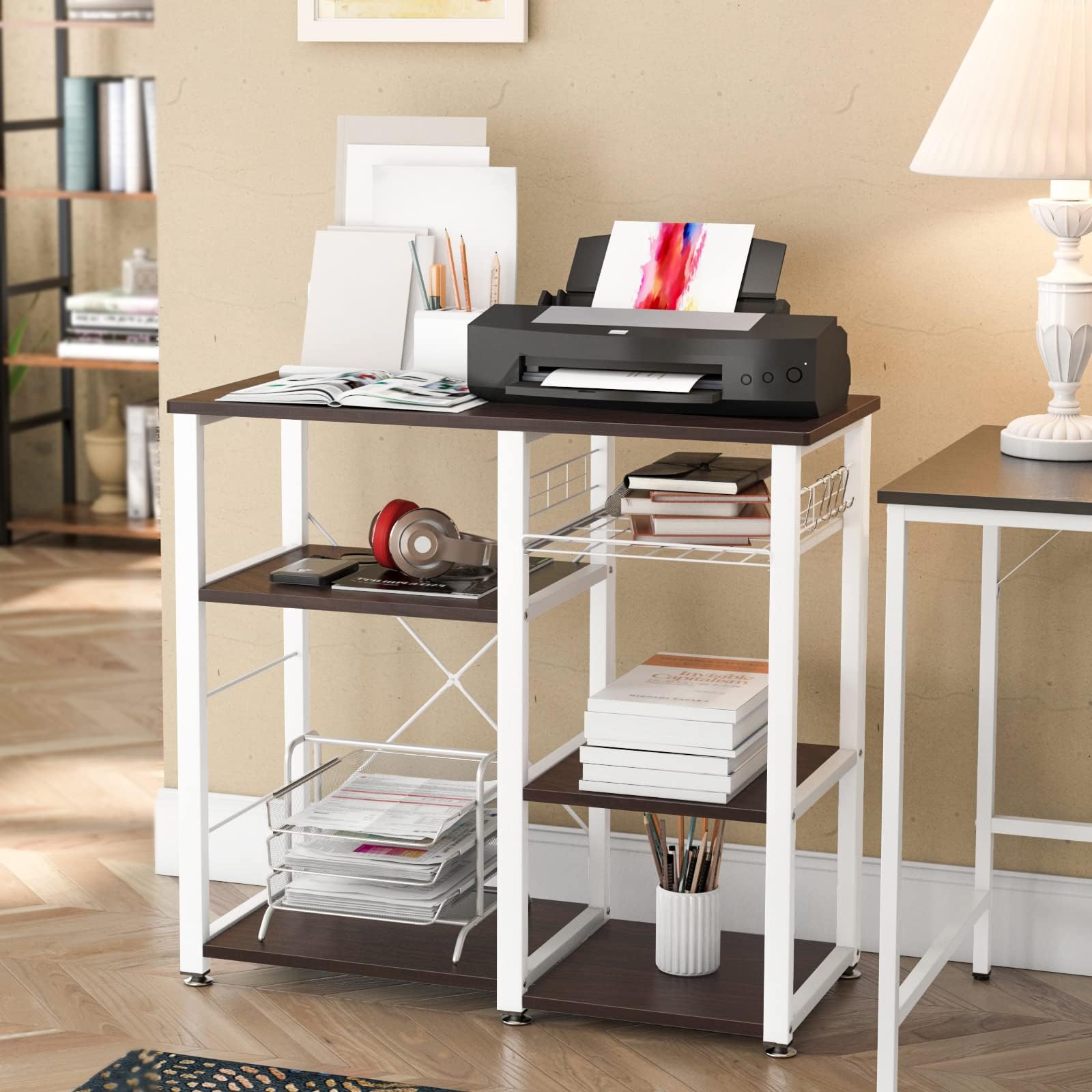 Kitchen Bakers Rack 3 Tier Microwave Stand Kitchen Utility Storage Shelf with Hooks Multifunctional Workstation for Kitchen Living Room Hallway Black