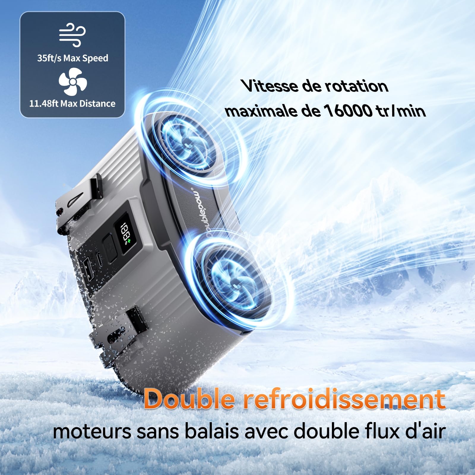 Doublepow 24000mAh Ventilateur Portable Ceinture, Ventilateur Clip Rechargeable 10 Vitesses 45H, Double Moteur Conduit d'air, Cooling Cou et Taille, pour Travail Extérieur, Voyages, Chargeur Téléphone