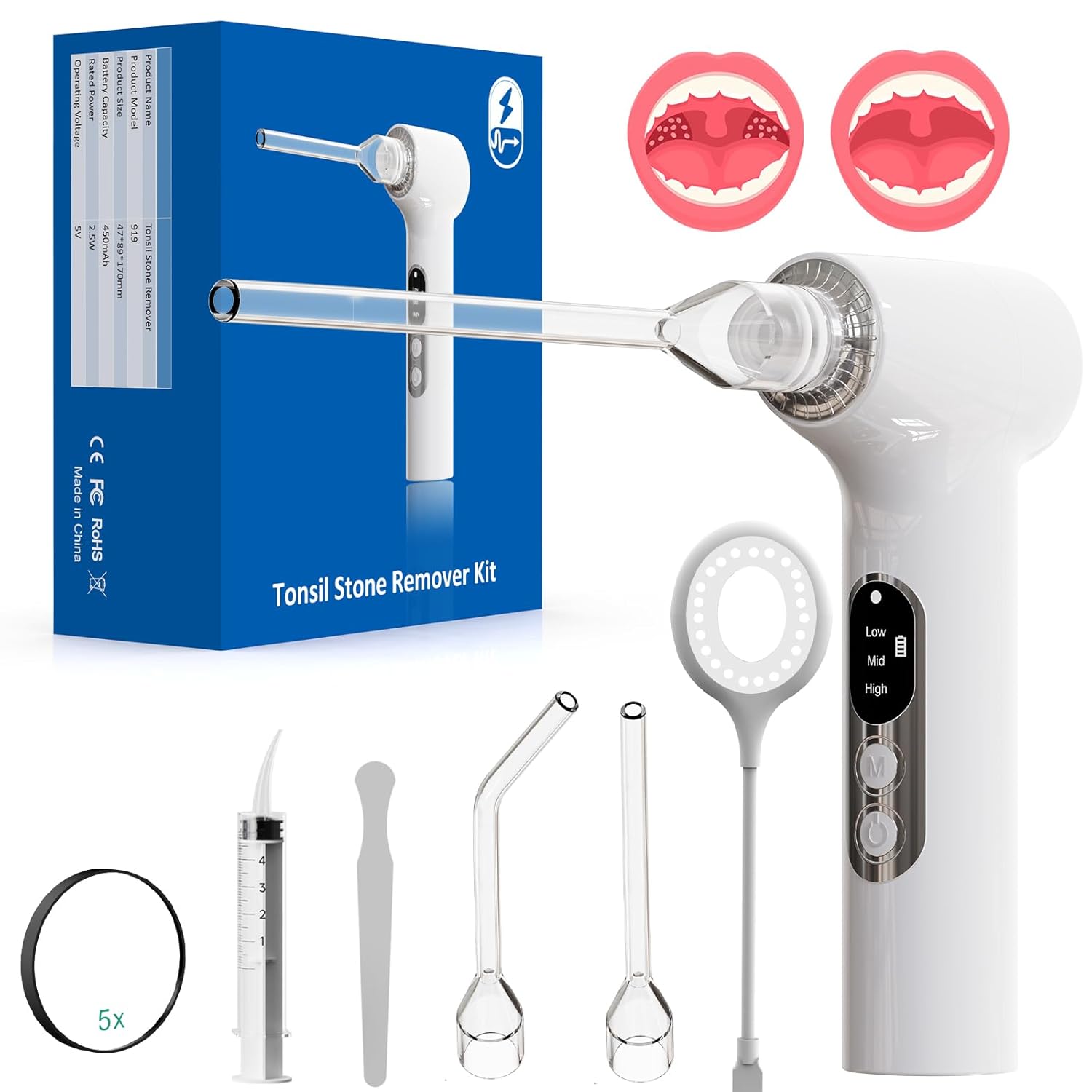 Upgraded Electronic Tonsil Stone Remover?10 in 1 Tonsil Stone Removal Kit?Tonsil Stone Vacuum with Built-in Blue Light?Easy to Use, Fight Bad Breath, Instant Suction White