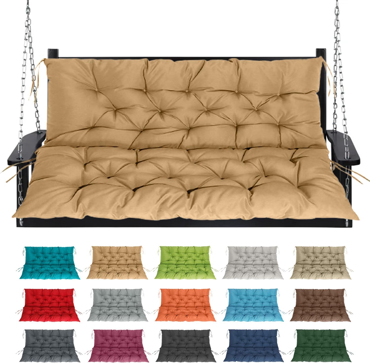 Replacement Cushions for Swing, Waterproof Porch Swing Cushion, 2-3 Seat Replacement Swing Seat Cushion with Backrest and Ties for Patio Backyard Porch Garden (40x60 in, Beige)