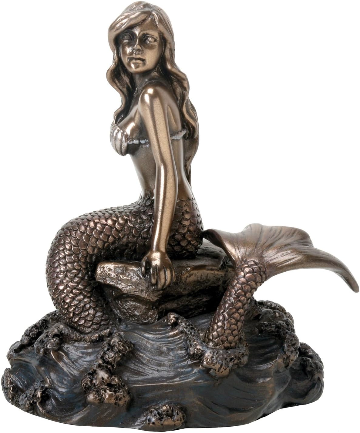 YTC Bronze Colored Ocean Mermaid on Rock with Tail in Water Figurine