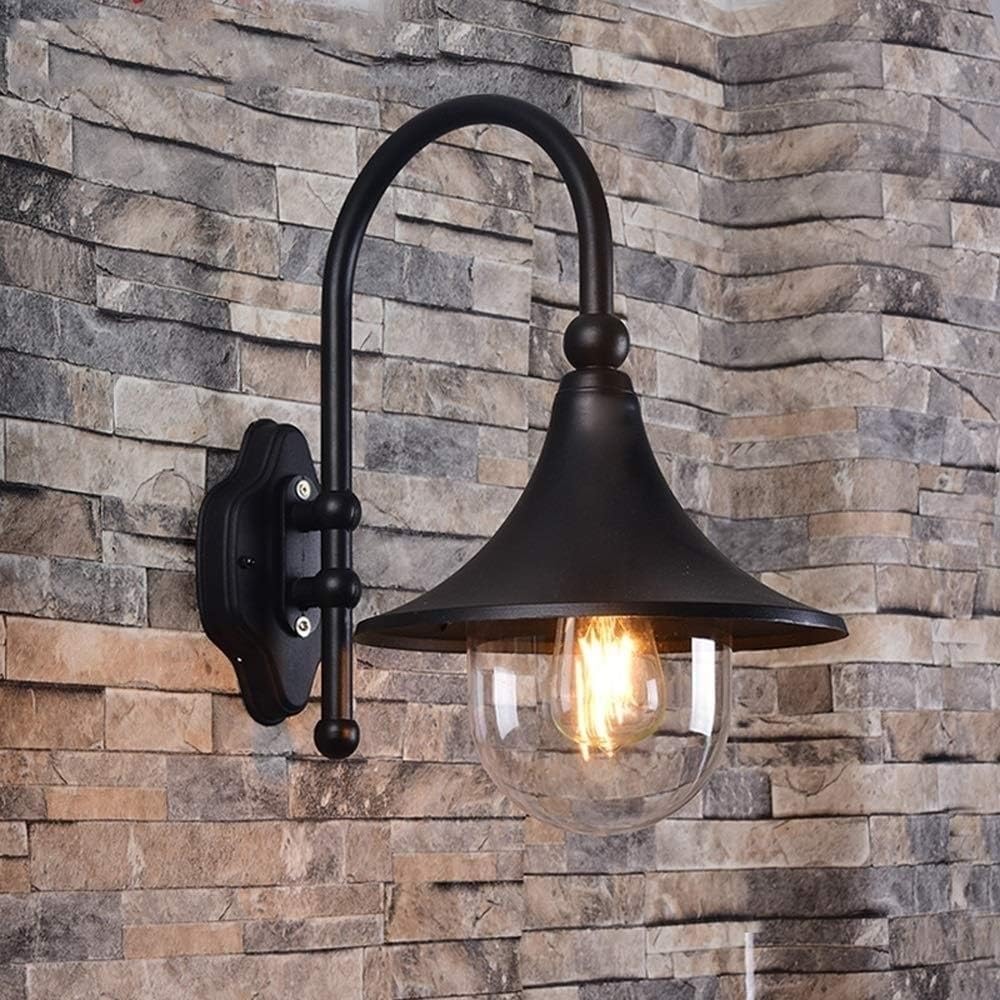 SXSCARKX European Gooseneck Aluminum Wall Light Barn Lighting Horn Speaker Sconce Outdoor Vintage Waterproof Farmhouse Porch Decor External Lamp Clear Glass Lantern Villa Garden E27