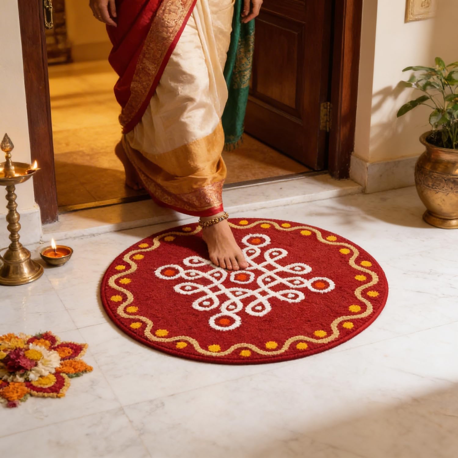 Signet DECORRound Festive Door Mat for Home Entrance, 3 Layer Anti-Skid Design, Super Soft & Water Absorbent, Reusable Pooja & Festival Decor Mat, 60 x 60 cm (Pack of 1)-image-32