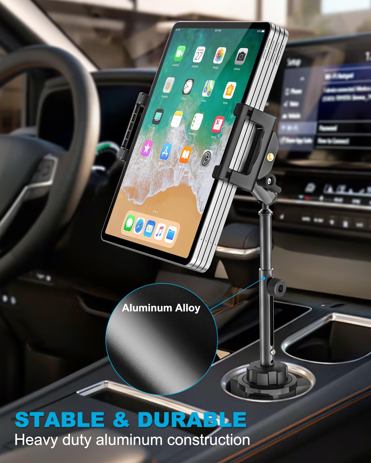 Portabicchieri da auto per tablet grande, fino a 15,6" e braccio regolabile in metallo a 360° | Heavy Duty Truck Cup Holder Tablet Stand per iPad Pro 13 12.9 Air Mini, Galaxy Tab, iPhone, 6.1-15.6 pollici Dispositivi