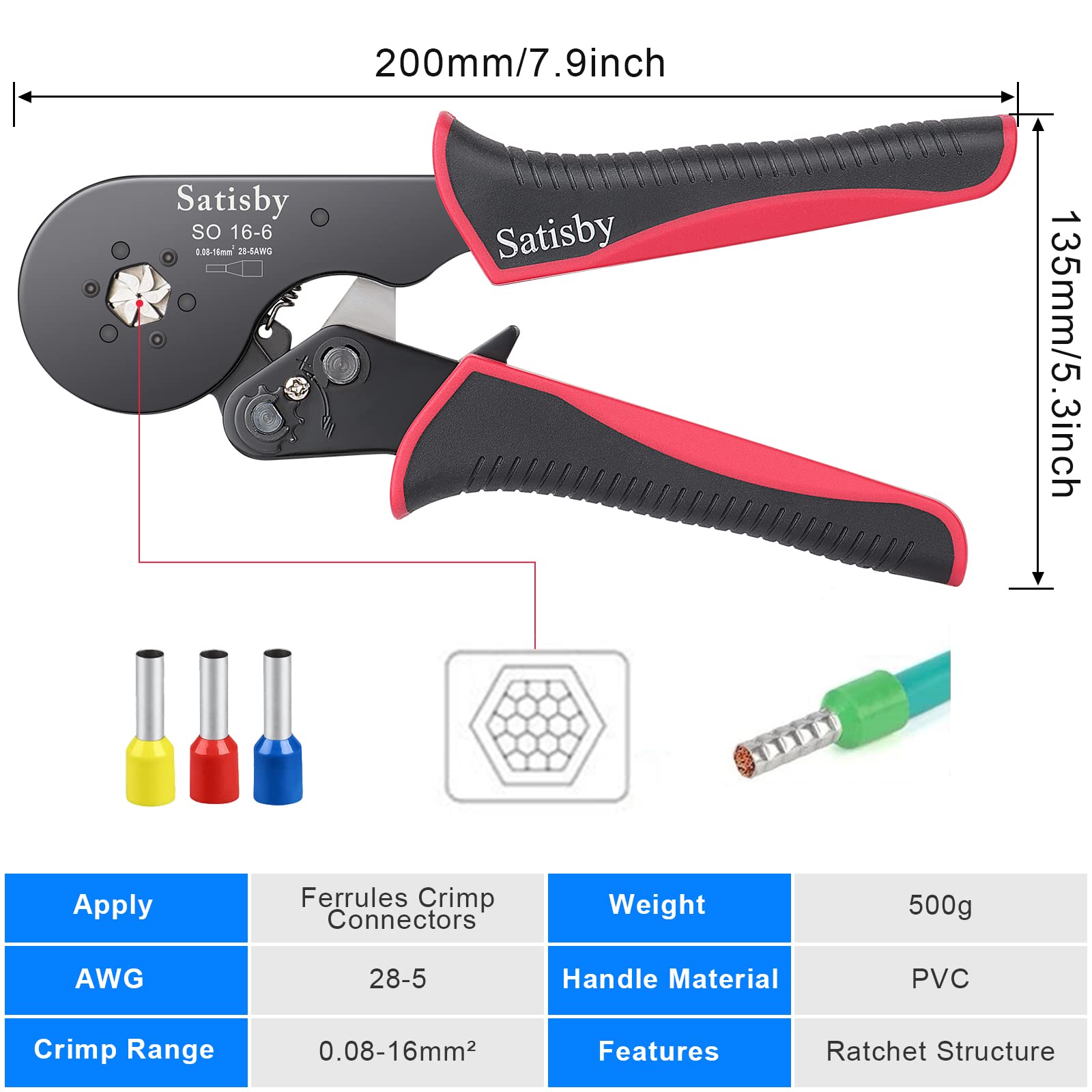 Szczypce zaciskowe do tulejek kablowych, zestaw szczypiec zaciskowych 16 mm, samonalne, sześciokątne, szczypce zaciskowe 0,08 – 16 mm²/AWG28-5 z 750 końcówkami tulejek kablowych