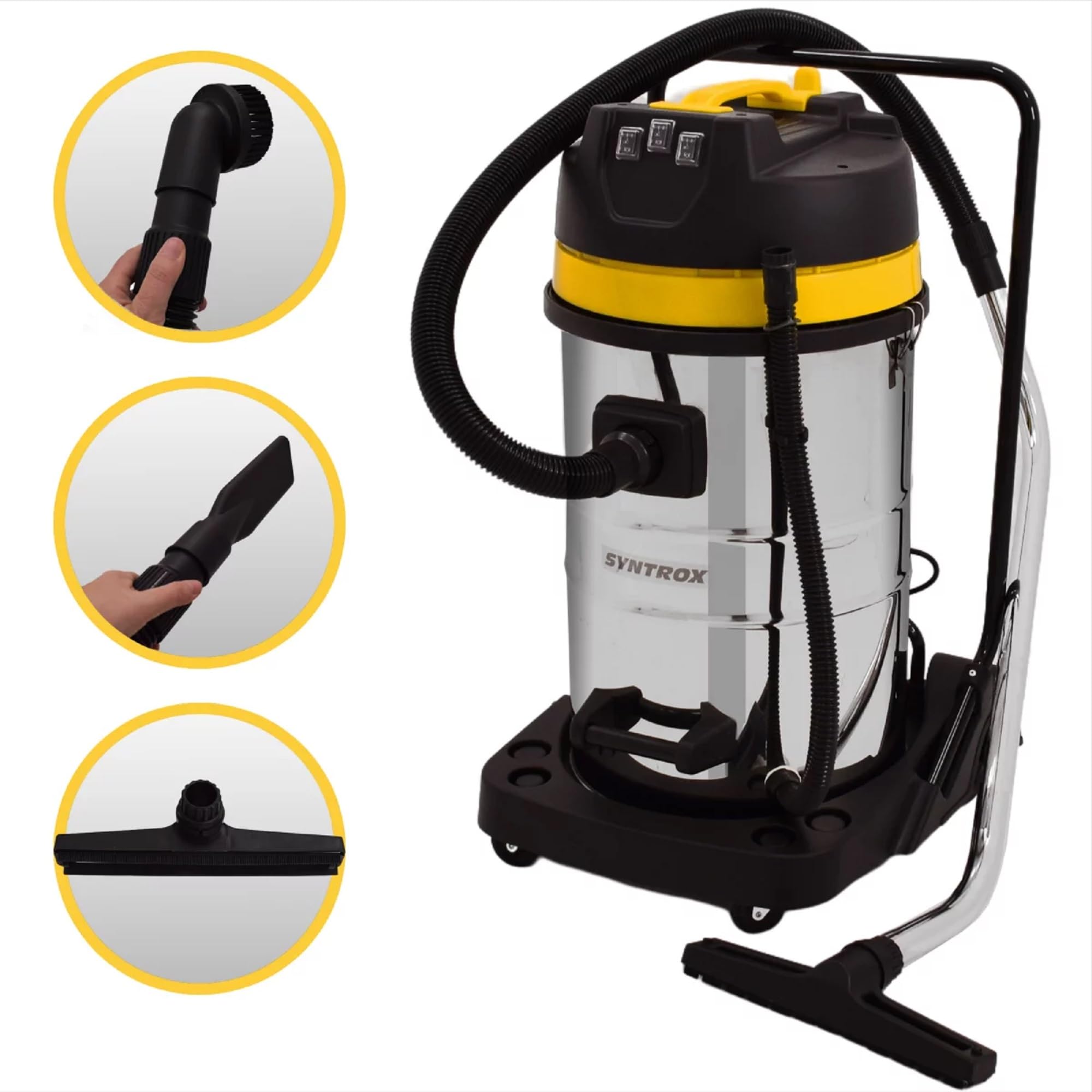 Syntrox Germany Industriesauger Samaka XL Edelstahl, 3 Saugturbinen, Großraumsauger, Leistungsstark, Industrielle Reinigungsmaschine, Edelstahl, einfache Reinigung (80 Liter)