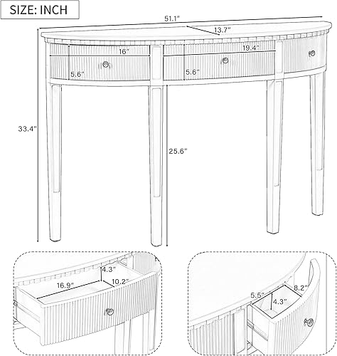 Miniatura 11 de Polibi Mesa consola curvada retro con estante de estilo abierto y 4 cajones superiores, mesa de entrada de media luna de 52 pulgadas de ancho con