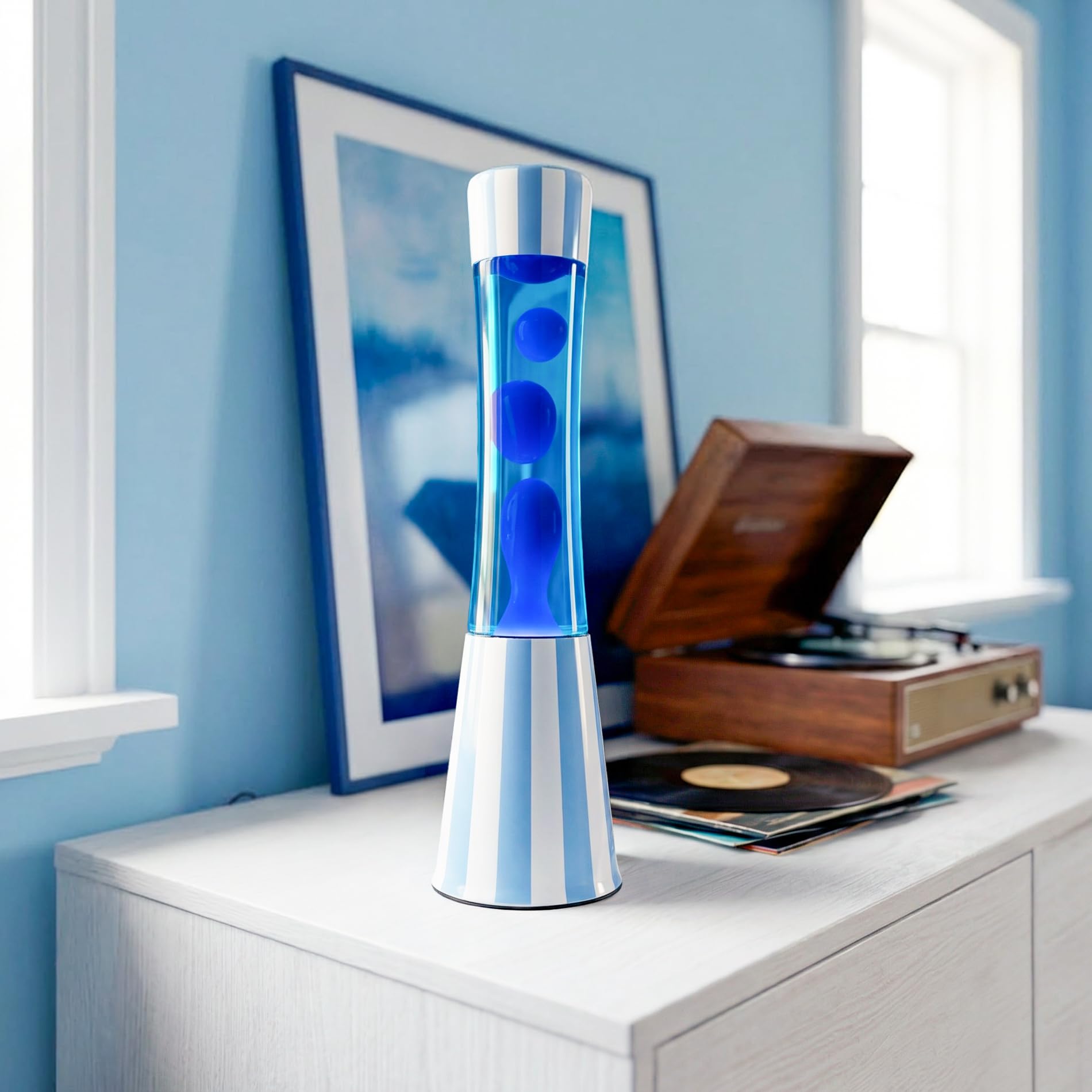 Fisura – Lampe à lave bleue. Lampe décorative relaxante au design original pour maison ou bureau, base à rayures, liquide et lave bleus, ampoule de rechange incluse, 11 x 11 x 39,5 cm