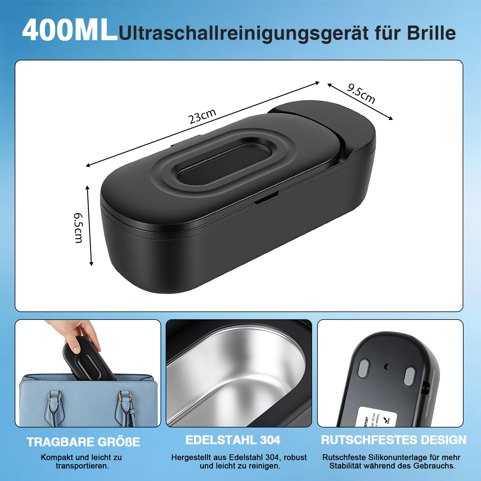 ERWEY Limpiador Ultrasonidos 48000Hz, Ultrasonic Cleaner de 400 ML, Limpiador ultrasónico y 2 Modos de Limpieza, Ultrasonidos Sónico para dentaduras postizas, joyas, gafas y relojes, Negro