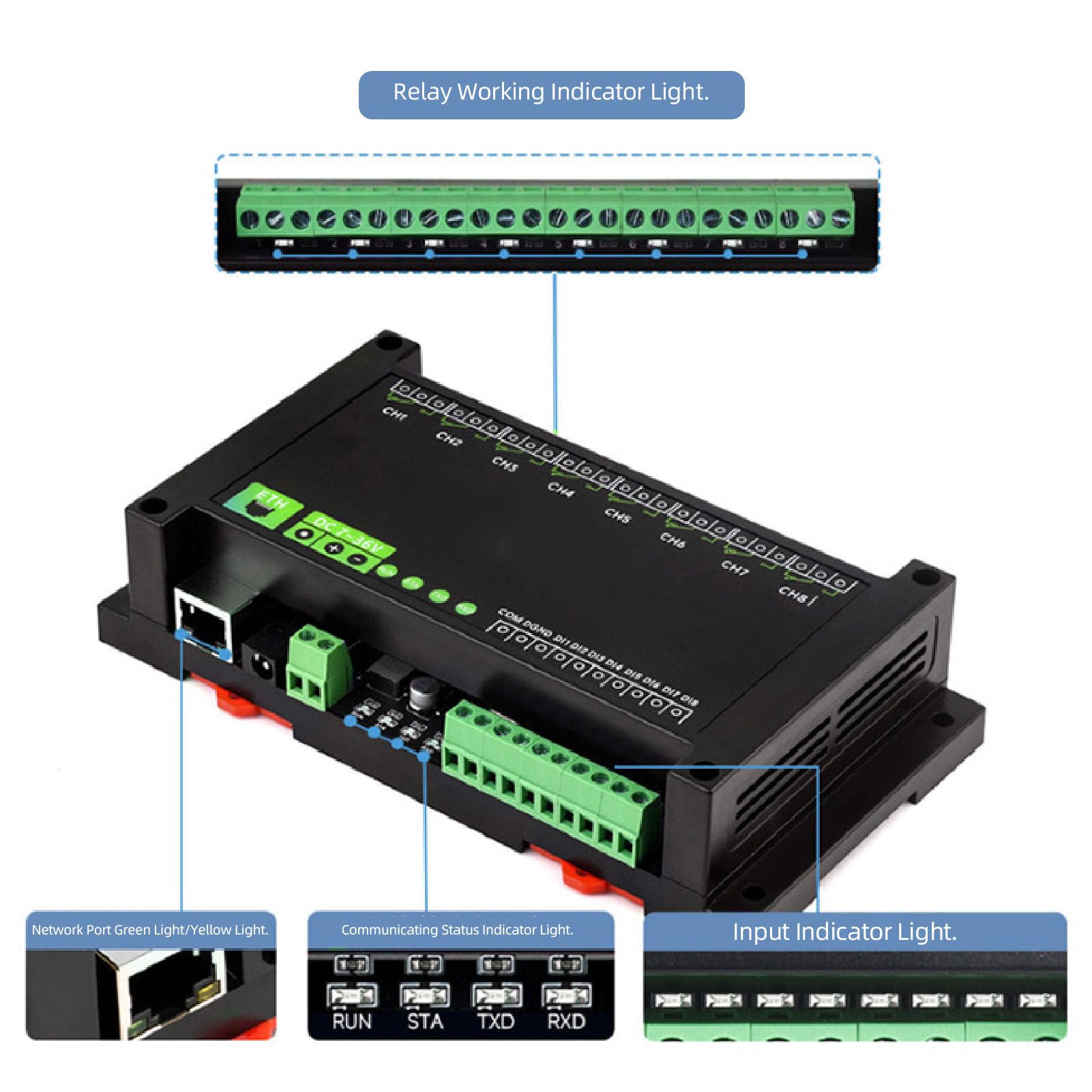 Modulo relè Ethernet 8 canali, relè industriale 8 canali PoE con supporto del protocollo RTU, modulo ETH PoE a 8 canali con isolamento tramite optoisolatore per sistemi di