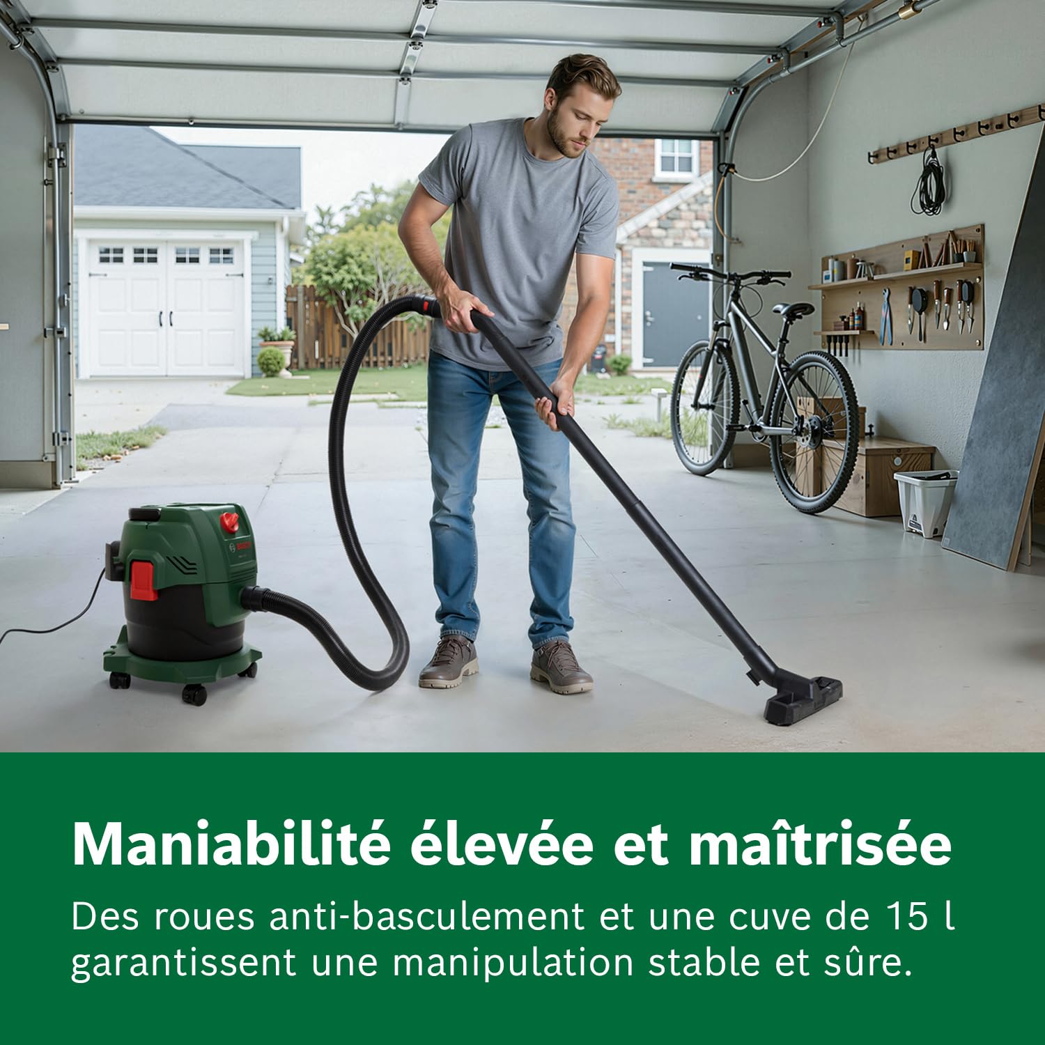 Bosch Aspirateur Eau et poussière PAS15-200 (Tubes rallonges, Flexible d’Aspiration 2,2 m, poignée-Tuyau coudé, suceurs pour sols et suceurs Droits, Sac en Papier (FSC), Filtre à Cartouche)