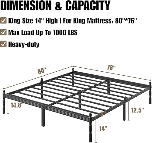 Miniatura 2 de Base de cama tamaño King de 14 pulgadas con 2 piezas de tope deslizante para colchón, base de cama King de plataforma metálica, no necesita somier,