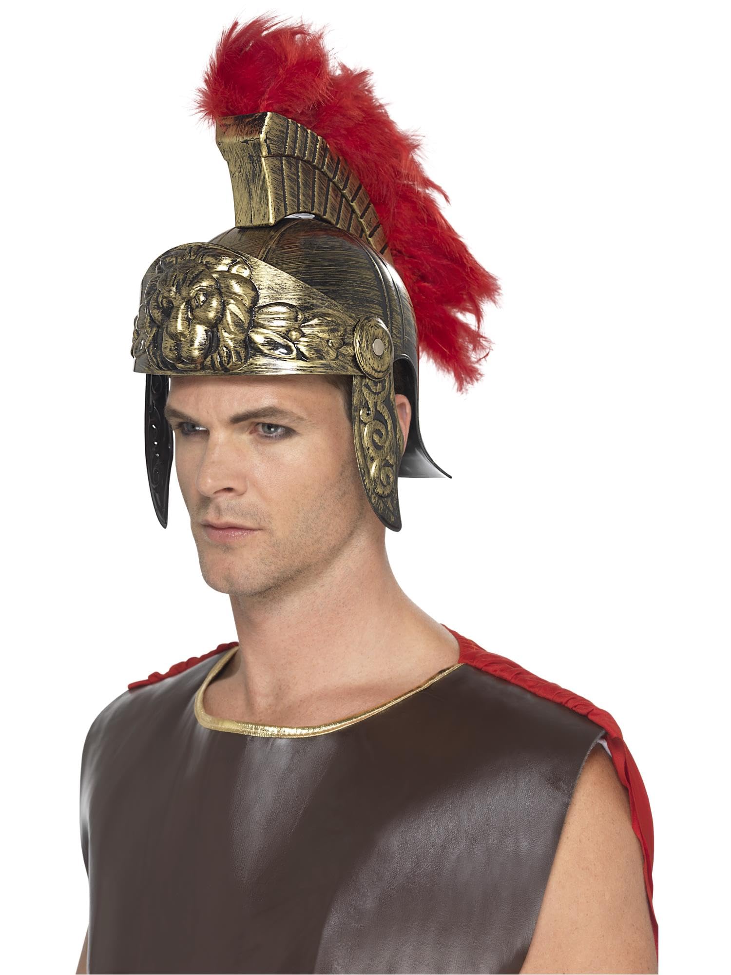 Smiffys Roman Spartan Helmet, Gold & Red Plastic, with Detachable Feather Plume, Historical Fancy Dress, Adult Dress Up Hats