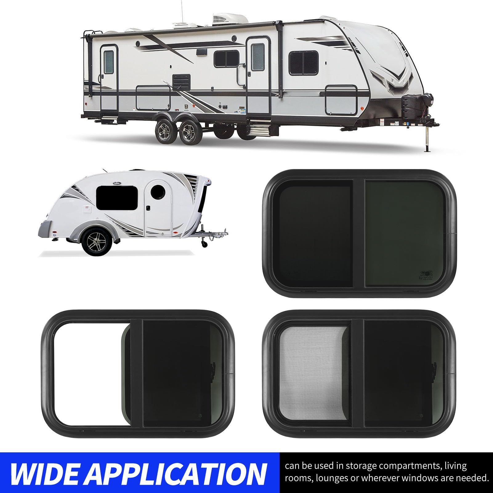 700 X 300 Mm en Verre trempé RV Fenêtre Coulissante Cadre en Alliage D'aluminium Noir avec écran Mobile pour Caravane, Camping-car, Remorque (épaisseur de paroi applicable : 31 à