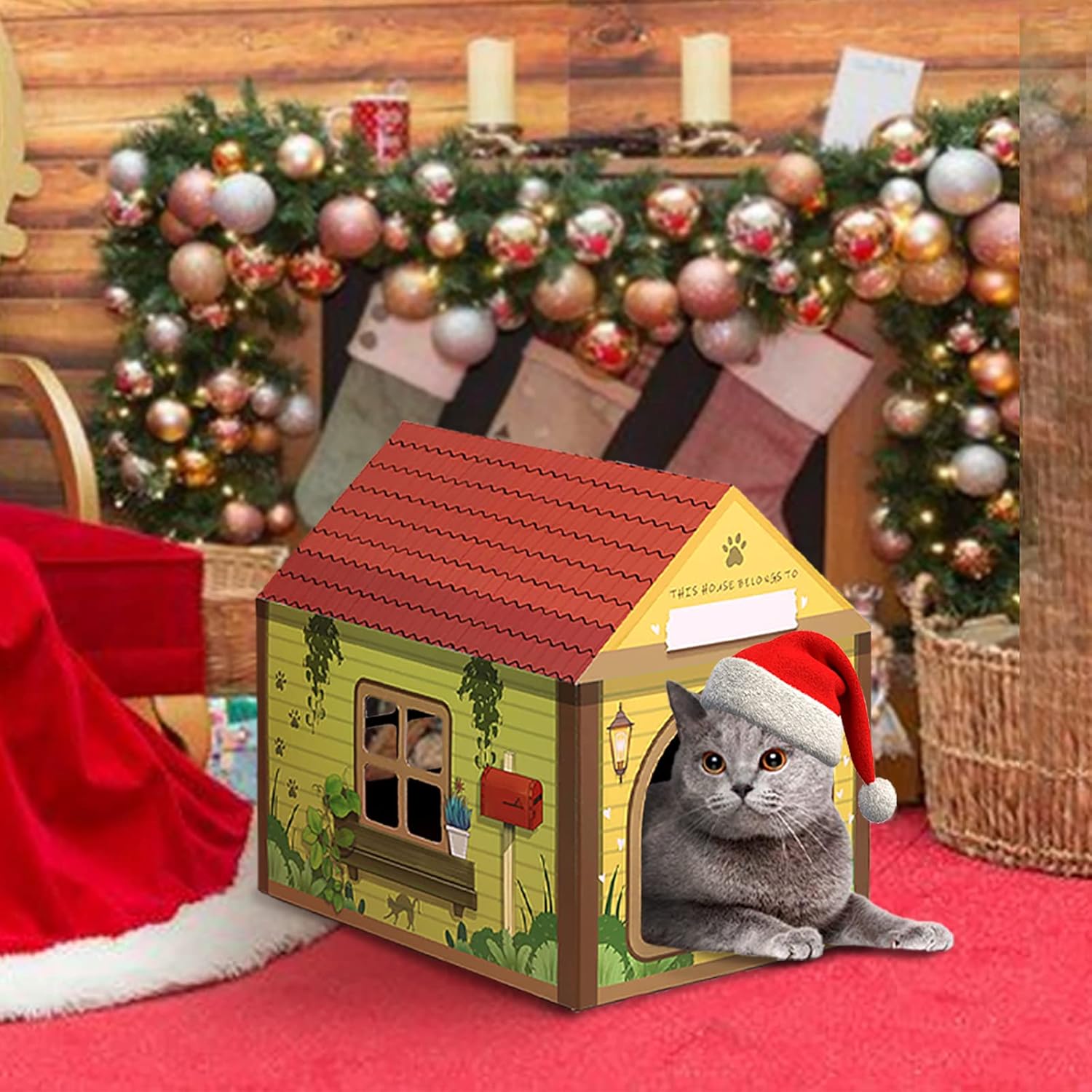 SEKAM Cardboard Cat House with Scratcher/Catnip, (16.5''L x 12''W x 15''H) Cat Play House for Indoor Cats - Customized Name Space for Kitties, Arched Door Cottage Cat Scratch Toy for Cat Birthday : Pet Supplies