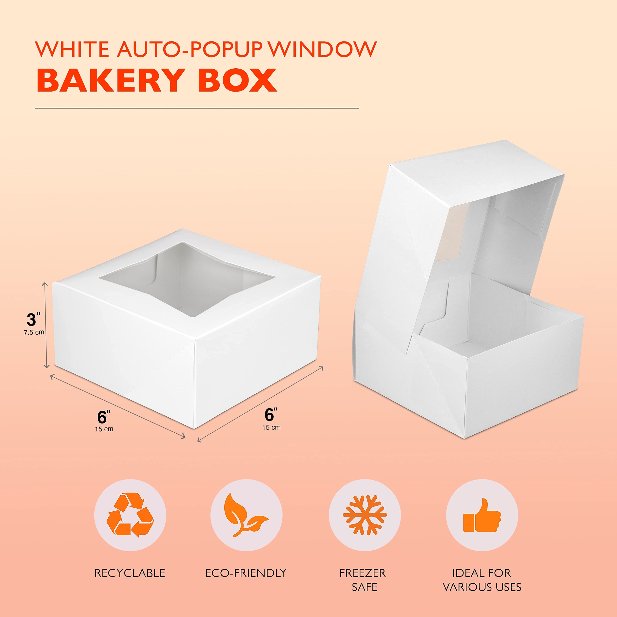 [25 Pack] Pie/Cake Box with Window 6x6x3" White Cardboard Bakery