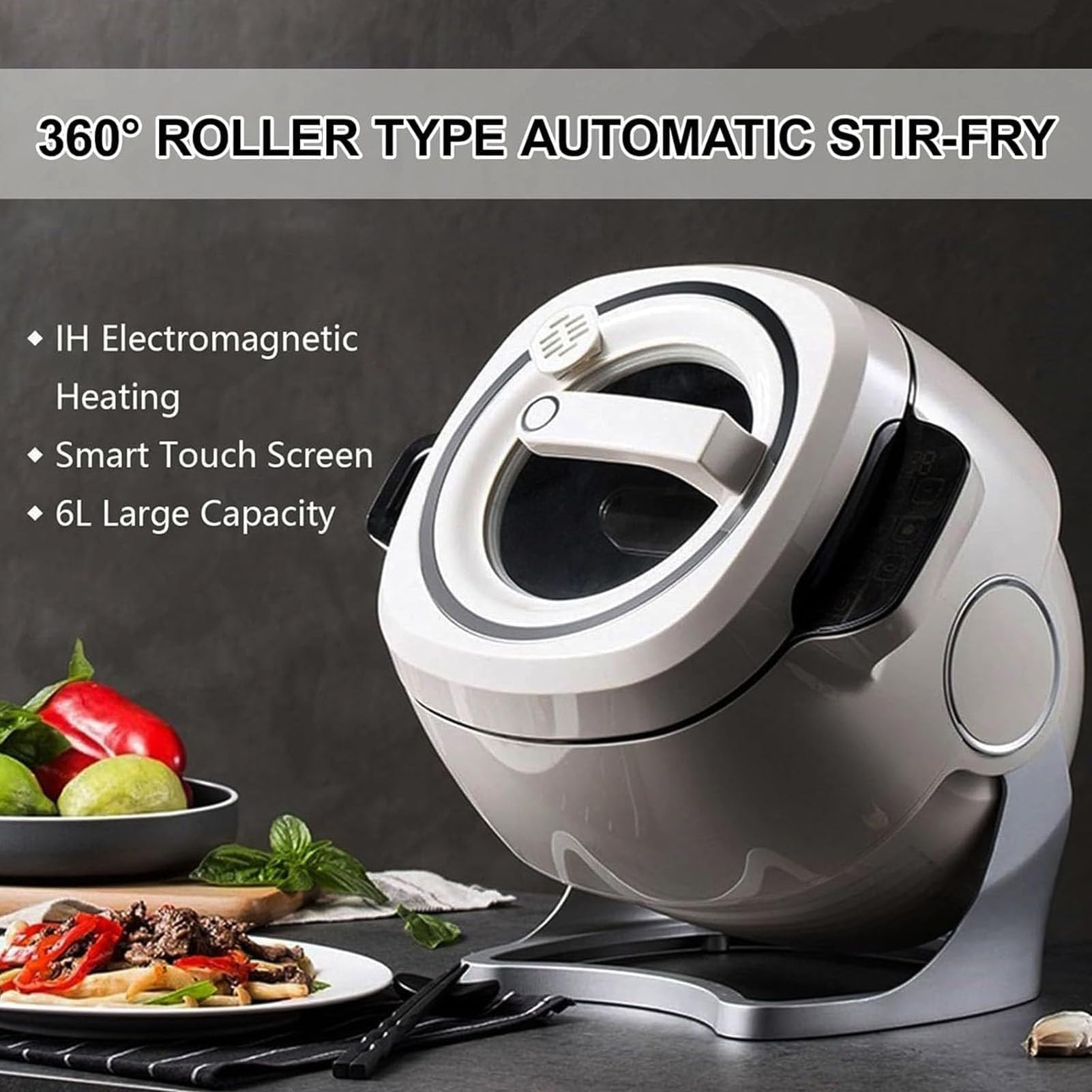 Máquina de freír automática de 6 L, olla inteligente de wok de 2000 W, agitación automática de 360°, ajuste de calor de 3 niveles, olla antiadherente para arroz, carne, verduras, guisos