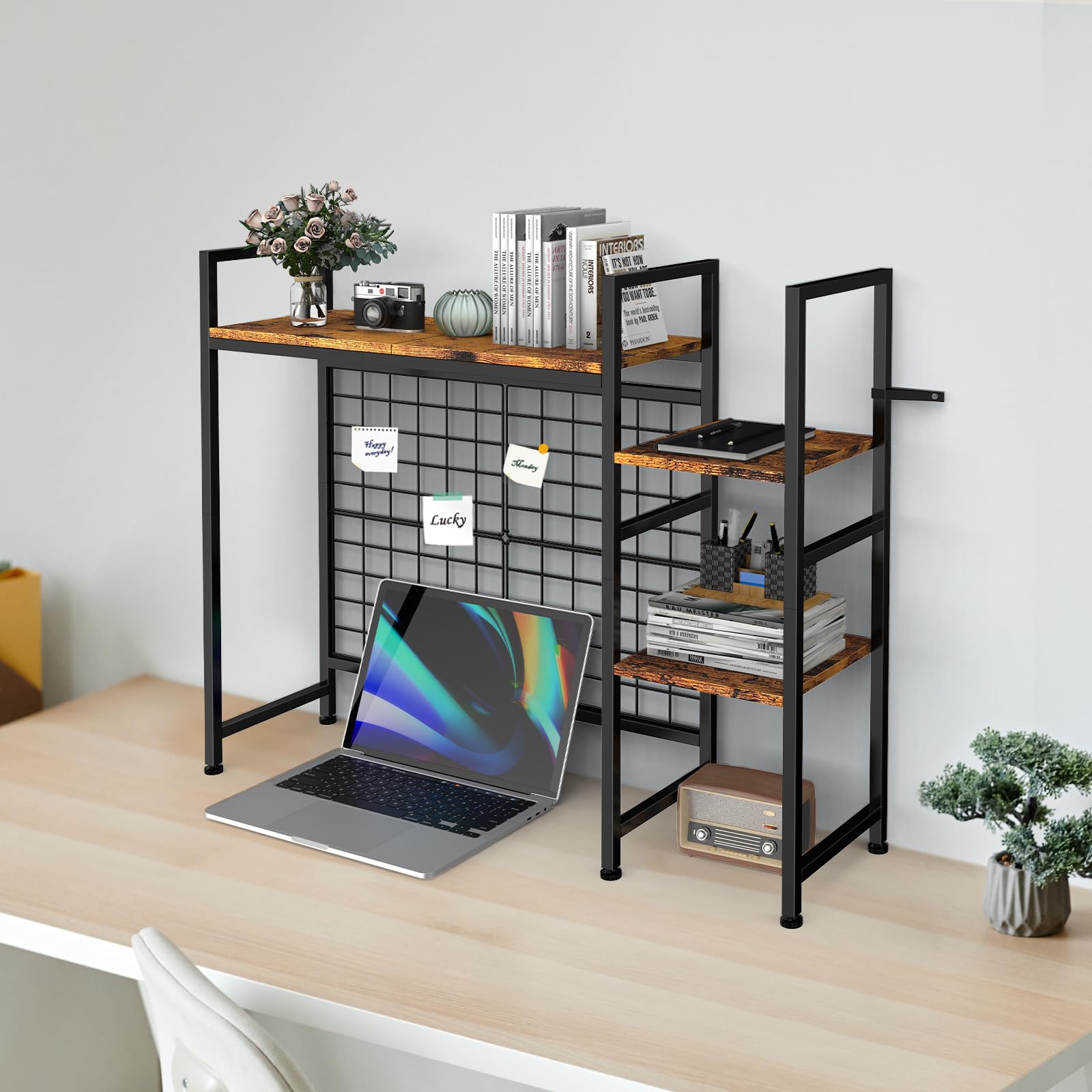 YBING Libreria da scrivania per computer, Organizer da Scrivania, Mensola da Scrivania per la Parte Superiore Della Scrivania, Nera, a 4 Ripiani, Multiuso, in legno, con Ripiano Regolabile