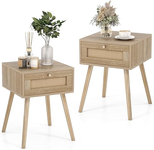 Giantex Juego de 2 mesitas de noche de ratán bohemio, mesitas de noche de madera de mediados de siglo con cajón de tejido de ratán, mesita de noche