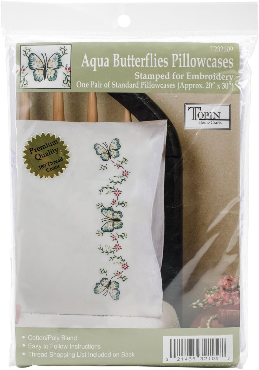 Design Works Crafts Stamped Embroidery Aqua Butterfly Pillowcases (Set of 2), 20 by 30, Blue