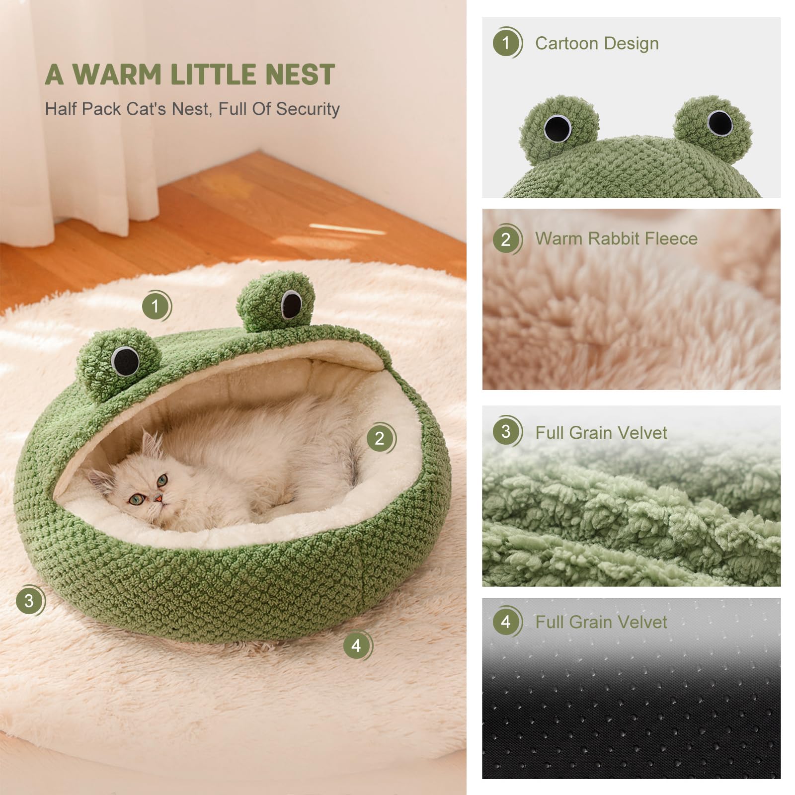 PETCUTE Cuccia da Interni per Gatti,Letto per Animali Domestici,Letto per Gatti con Cuscino Imbottito Rimovibile e Lavabile,Simpatica Forma di Rana,Cuccia per Gatto con Fondo Antiscivolo