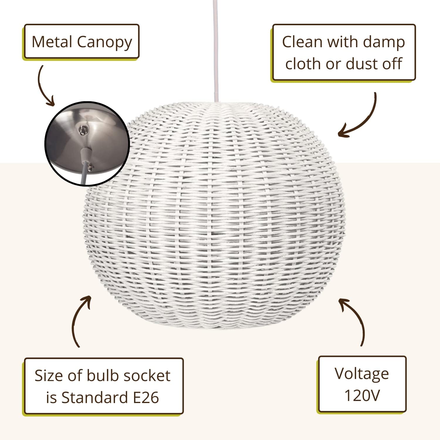 KOUBOO Lamp Wicker Ball Pendant – Boho Rattan Ceiling Light Fixture for Dining Room, Kitchen Island & Living Room Décor – Modern Farmhouse Pendant Light Shade, White