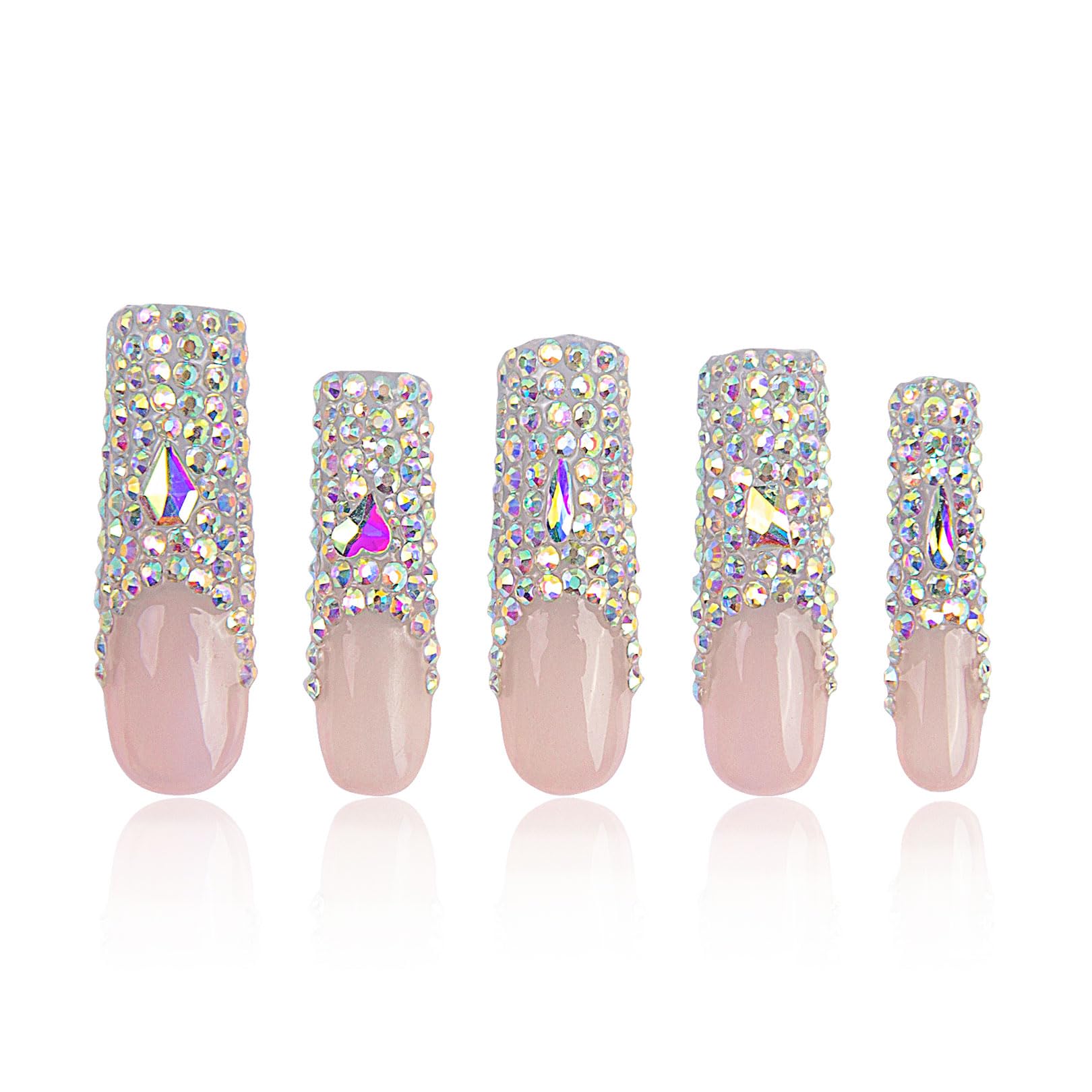 LOVFUL Press on Nails Angel's Tear Rhinestone | Handmade with Full Covered Crystals | Reusable Fake Nails | Square Mid length 1.7in | H48-M